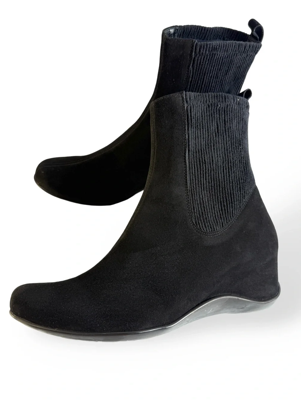 Aquatalia Black Suede Ankle Booties with Knit Stretch Panels